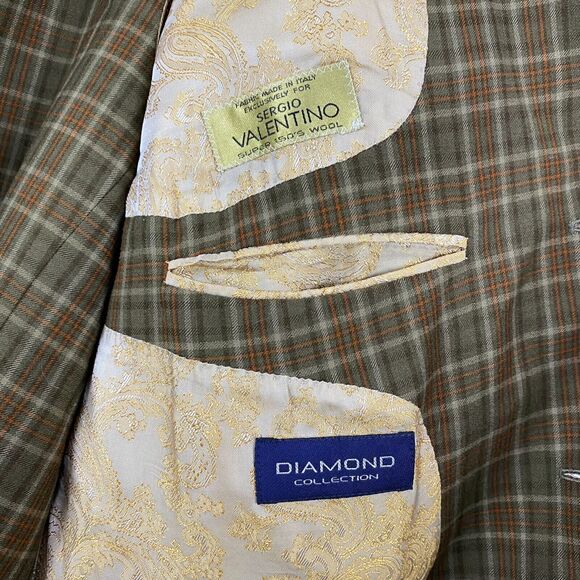 Men’s Sergio Valentino 2 PC Suit  Size  Wool Beige Green Brown Plaid Jacket/Vest - Picture 14 of 15